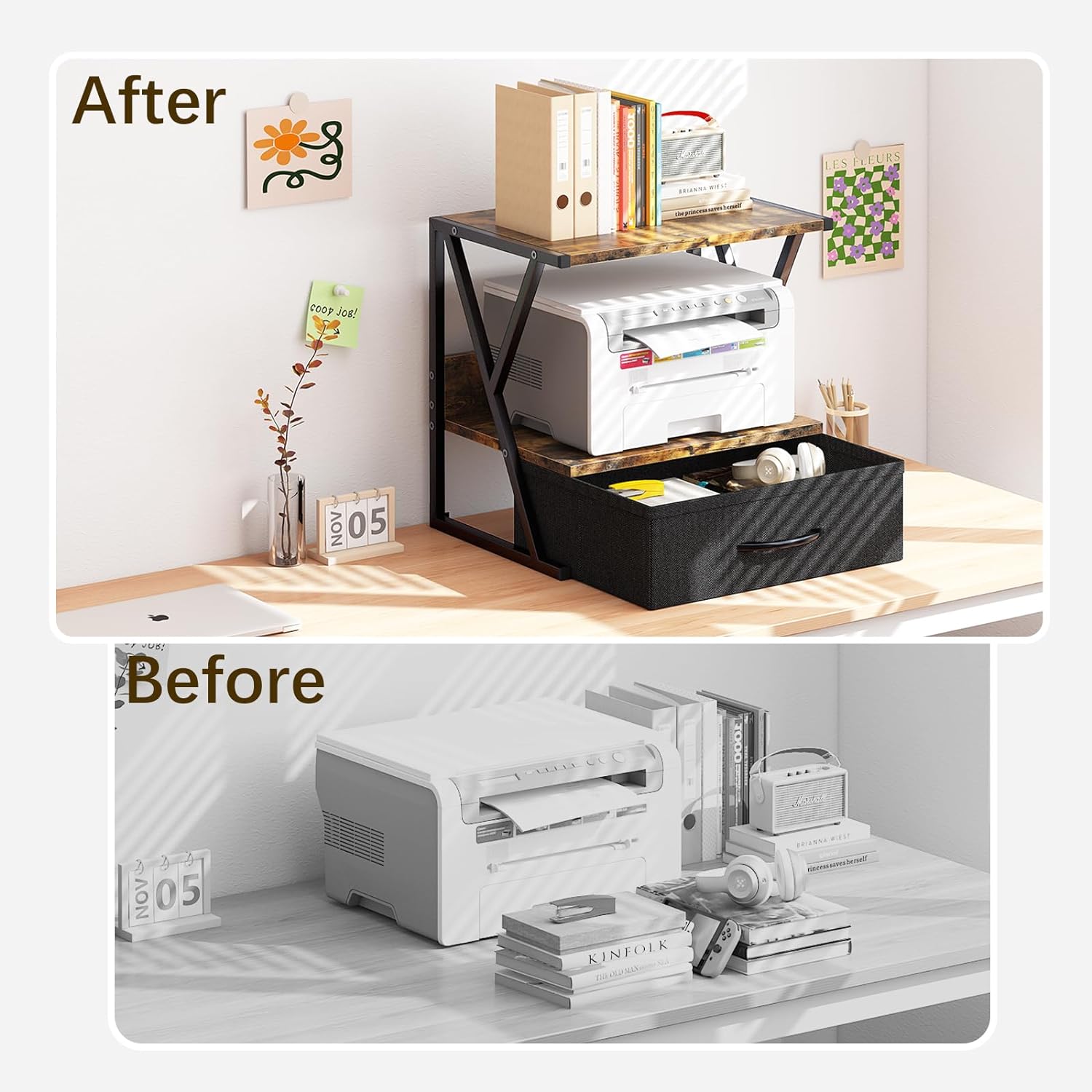 aboxoo Printer Stand for Desk with Storage Drawer, 2 Tier Desktop Or UnderDesk Shelf, Multi-Purpose Desk Organizer for Home Office, fit Fax Machine/3D Printer/Scanner, Rustic Brown - Image 5