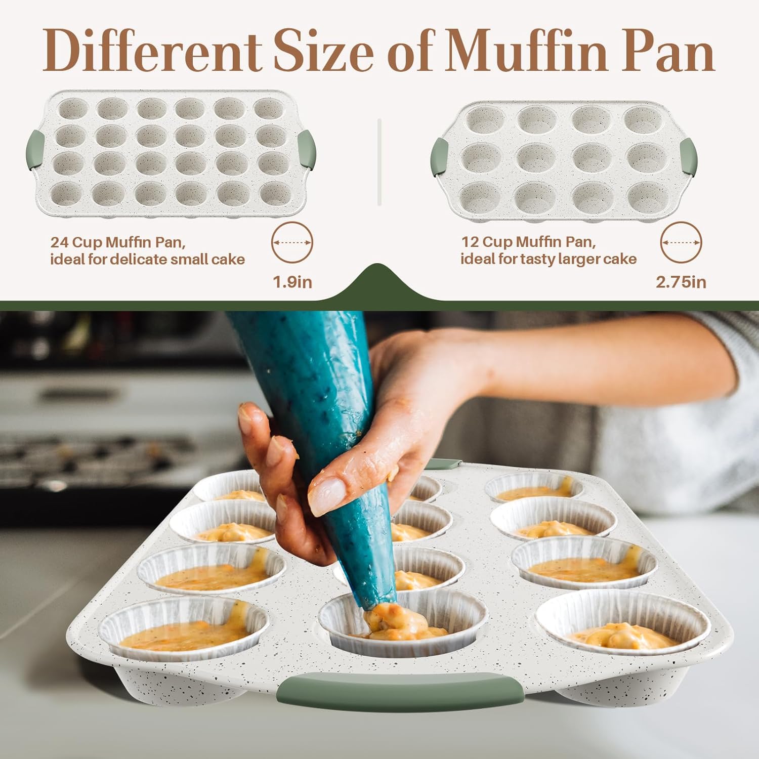 11-Piece Non-Toxic Baking Set, Stackable Nonstick Cookware with Heat-Resistant Handles - Includes Cookie Tray, Round Cake Pan, Muffin Cups, Pizza Pan & Loaf Baker, White&Light Green - Image 3
