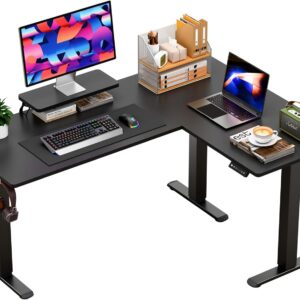 Furmax 63 x 47 Inch L Shaped Standing Desk with 2 Preset Heights, Electric Height Adjustable Computer Desk, Corner Sit Stand Desk for Home Office, 2 Hooks & Feet Balance (Black, 63 x 47 Inch)