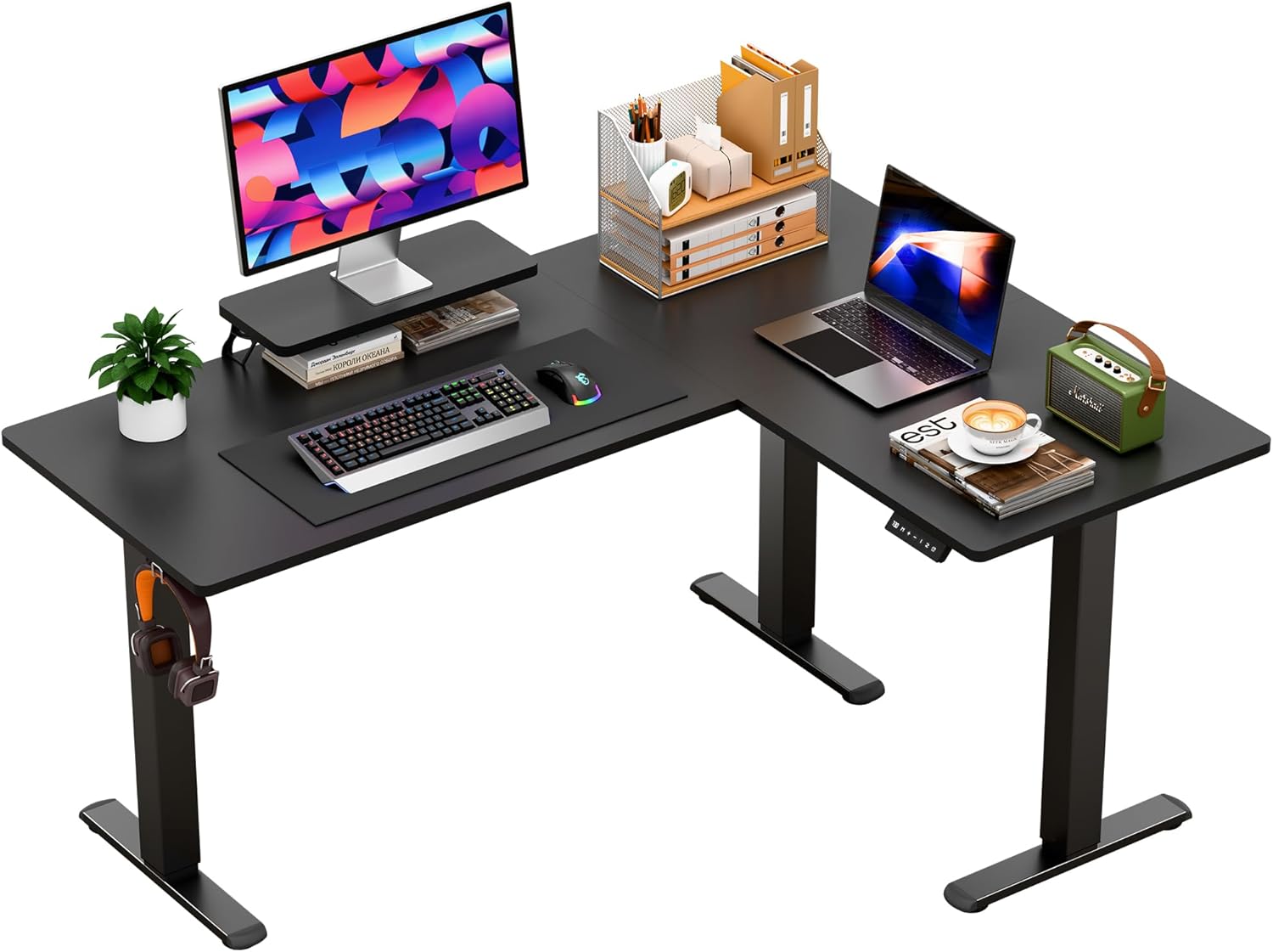 Furmax 63 x 47 Inch L Shaped Standing Desk with 2 Preset Heights, Electric Height Adjustable Computer Desk, Corner Sit Stand Desk for Home Office, 2 Hooks & Feet Balance (Black, 63 x 47 Inch)