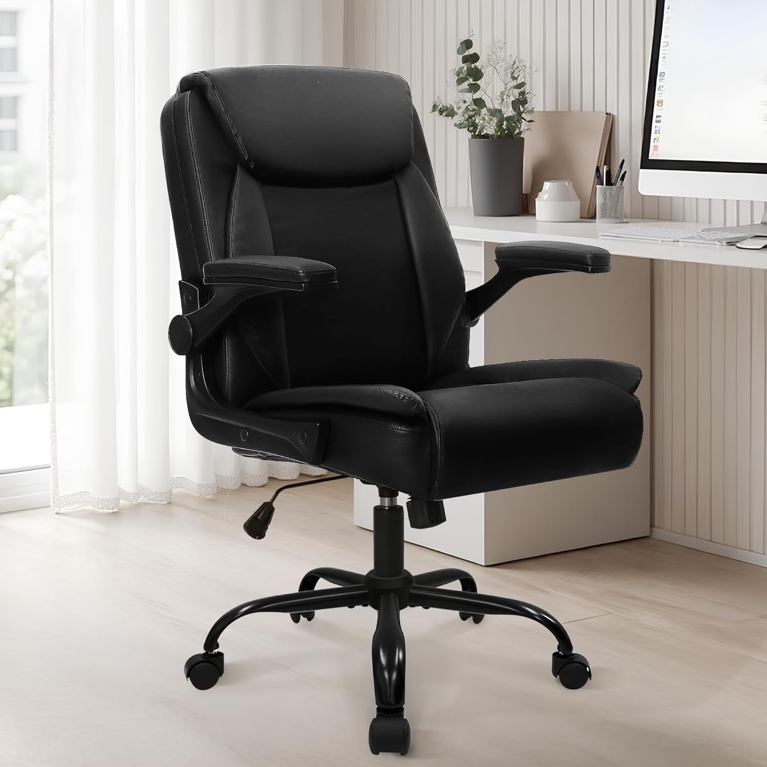 NEO CHAIR Desk Office Gaming Computer Chair Ergonomic Executive Mid-Back Leather with Adjustable Padded Flip-Up Armrests Cushion Wheels Swivel for Home Study Task (Black White) - Image 2