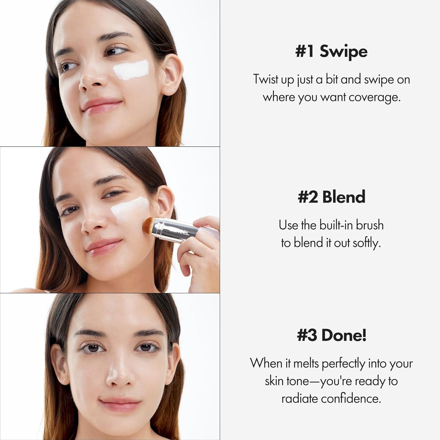 ELROEL Blanc Cover Cream Stick V White 0.45 oz - Korean Color-Changing Foundation Stick with Volufiline - Medium to Full Coverage Dewy Finish Base Makeup - Dual-Ended Detachable Brush (#202 Natural) - Image 4