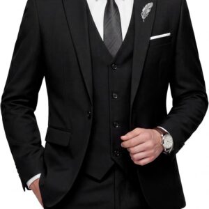 WULFUL Men’s Slim Fit 3 Piece Suit, One Button Solid Blazer Business Party Jacket Vest Pants Set