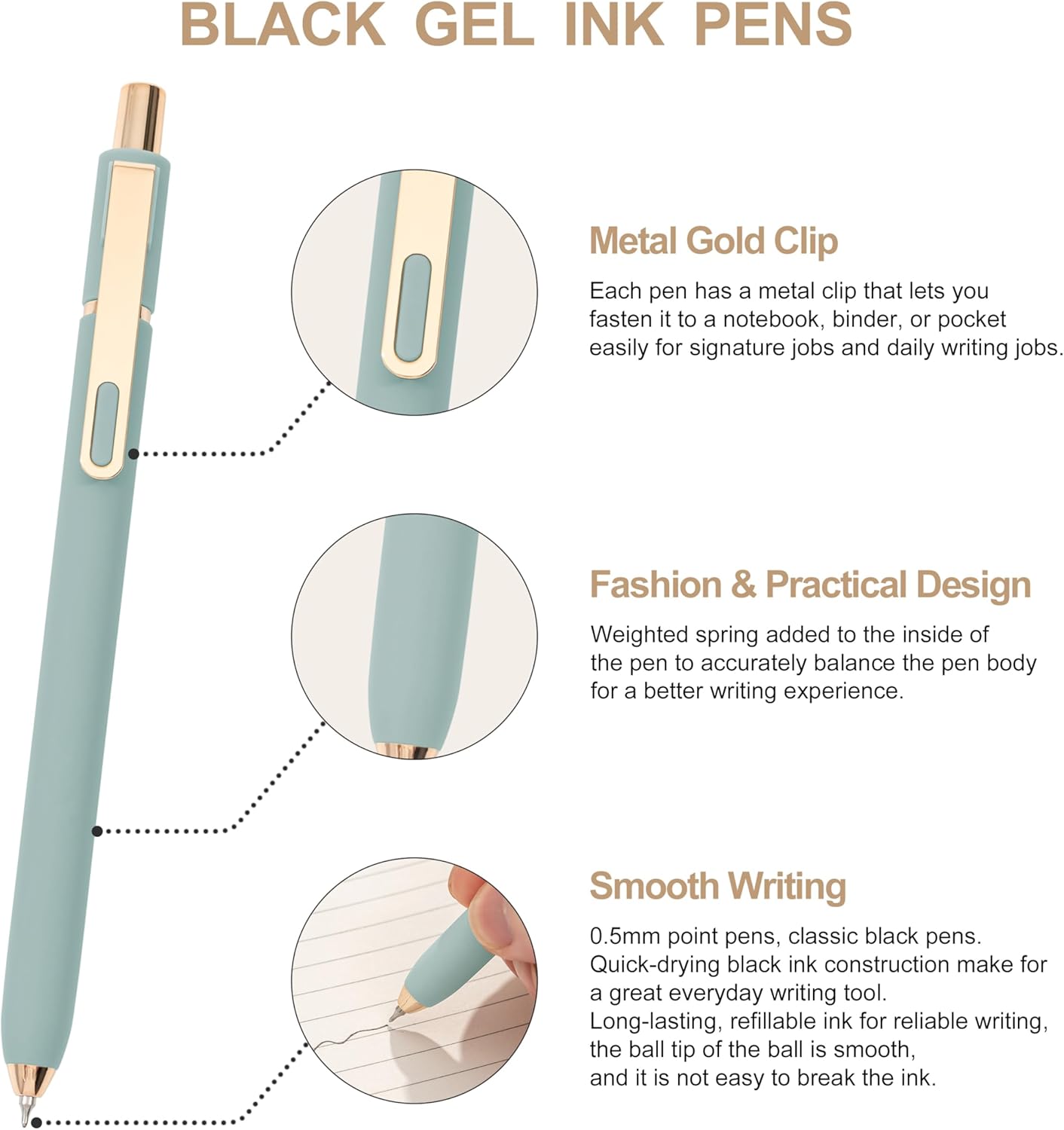 Linbsunne Gel Pens Black Ink Pens for Office 0.5mm Fine Point Pen Smooth Writing Retractable (Metal gold clip-10 pcs) - Image 3