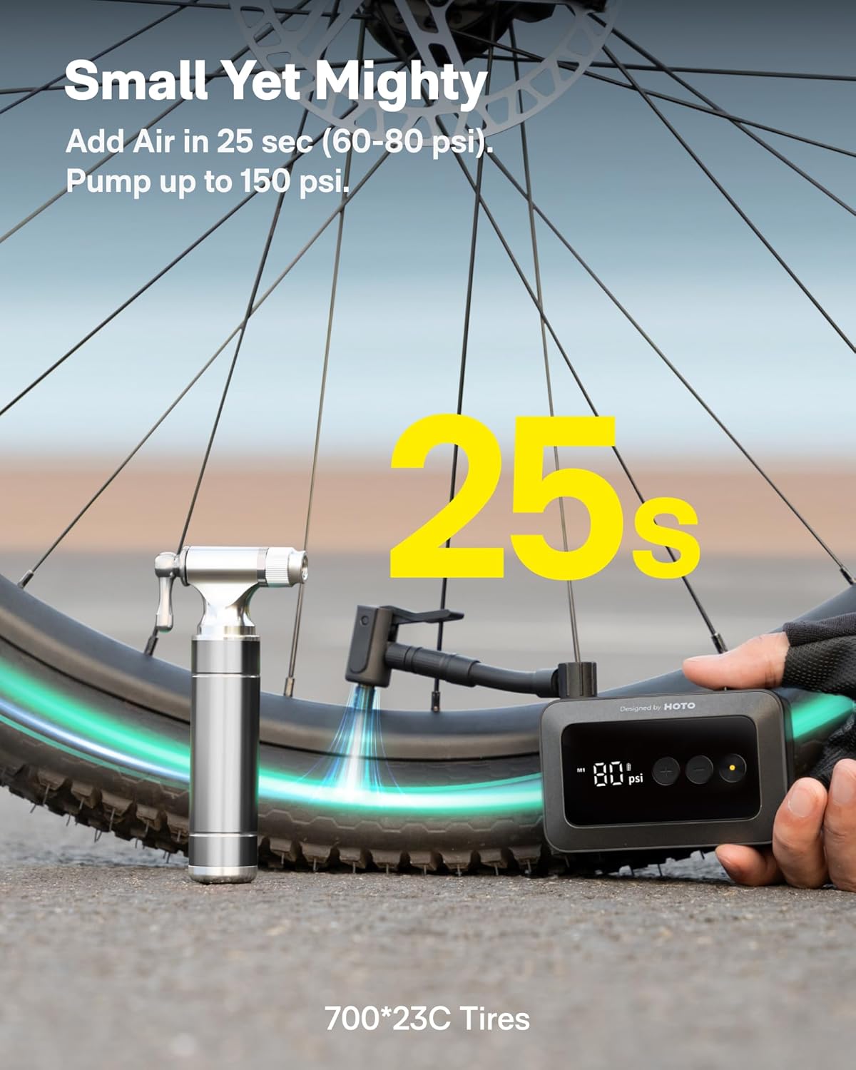 HOTO Mini Bike Tire Pump, 25s Fast Inflate Bicycle Pump with Guage, 150PSI Portable Electric Bike Air Pump with Presta and Schrader Valve for Road Bike, Motorcycle, Mountain Bike, BMX, Sports Ball - Image 3