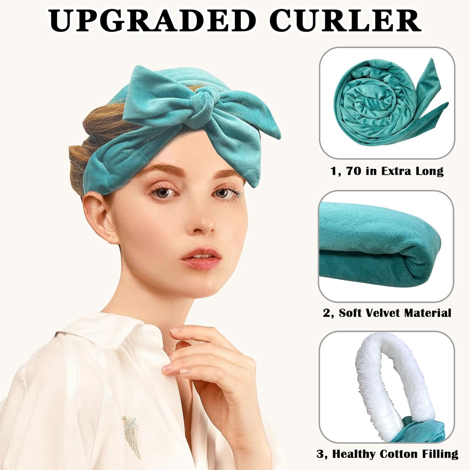 Gwabee No Heat Overnight Curl Headband, 70" Soft Ribbon Wrap for Long Hair, 9 PCS Hair Curling Rods Set - Blue Green - Image 3