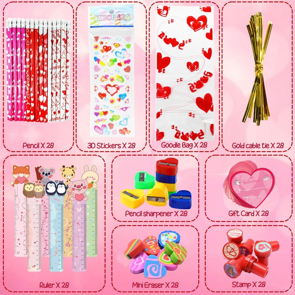 UMEELR 28 Pack Stationery Gift Set, Include Pencil Eraser Sharpener Ruler Stamper Foam Sticker Greeting Card for Kids School Classroom Prize - Image 2