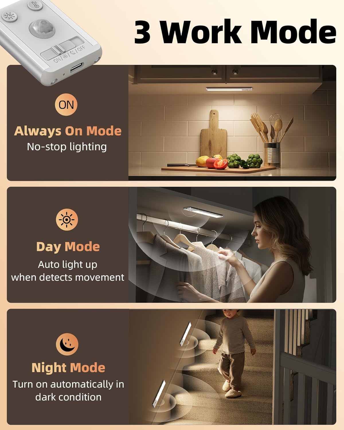 EZVALO 8" Under Cabinet Lighting, 2400mAh Rechargeable Motion Sensor Light Indoor, Mini & Slim Design, 3 Color Temps, Dimmable Magnetic Wireless Closet Lights for Kitchen, Pantry, Stairs (2 Pack) - Image 5