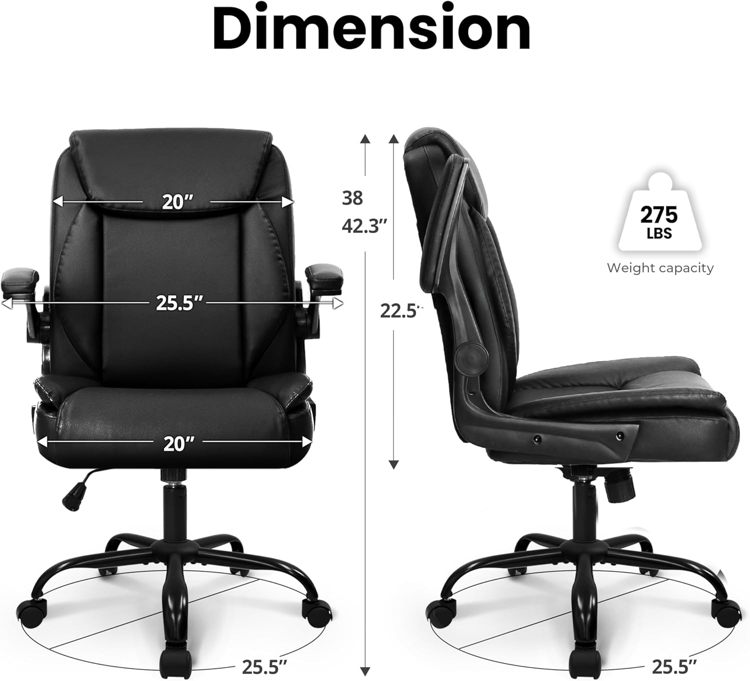 NEO CHAIR Desk Office Gaming Computer Chair Ergonomic Executive Mid-Back Leather with Adjustable Padded Flip-Up Armrests Cushion Wheels Swivel for Home Study Task (Black White) - Image 3