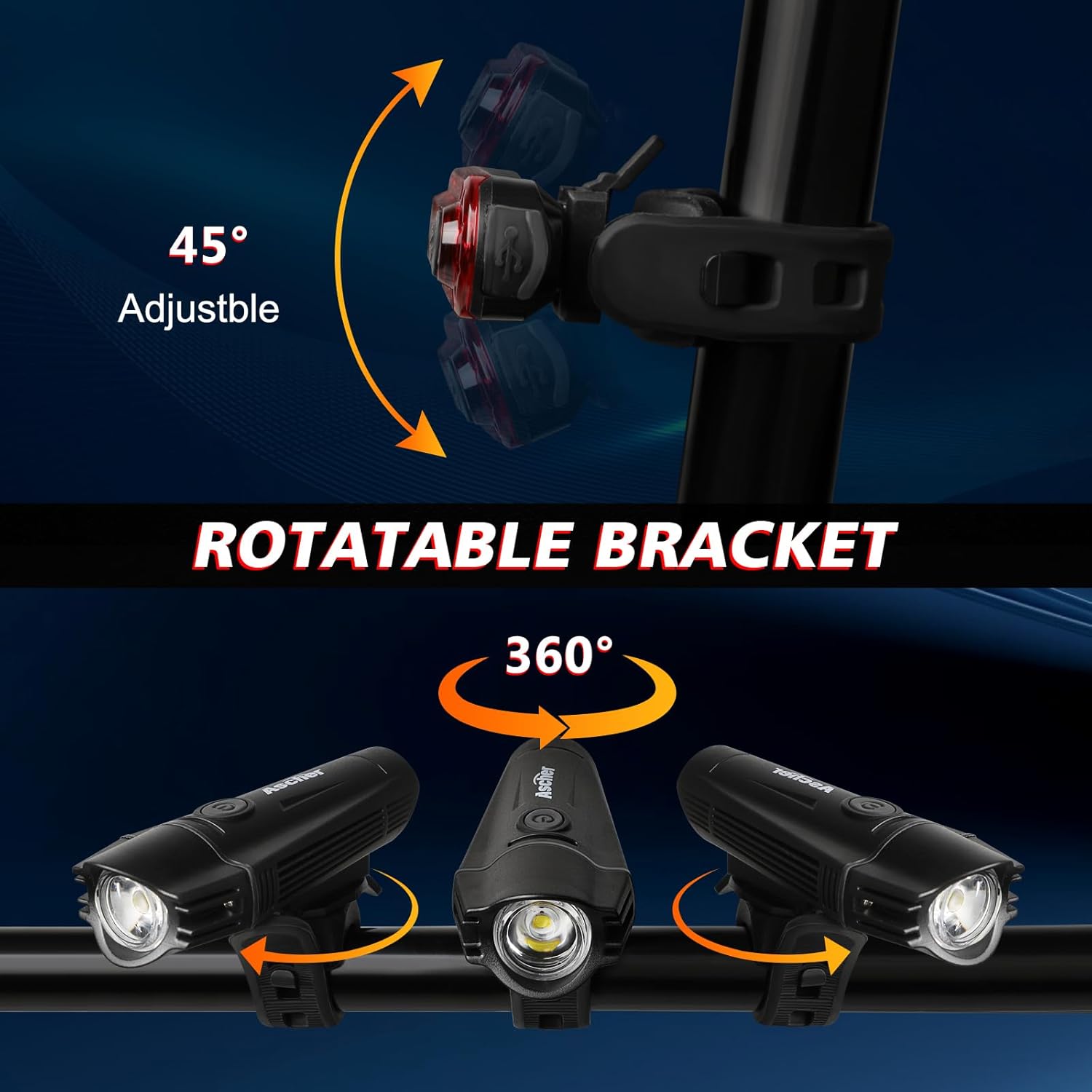 Ascher Ultra Bright USB Rechargeable Bike Light Set, Powerful Bicycle Front Headlight and Back Taillight, 4 Light Modes, Easy to Install for Men Women Kids Road Mountain Cycling Black - Image 8