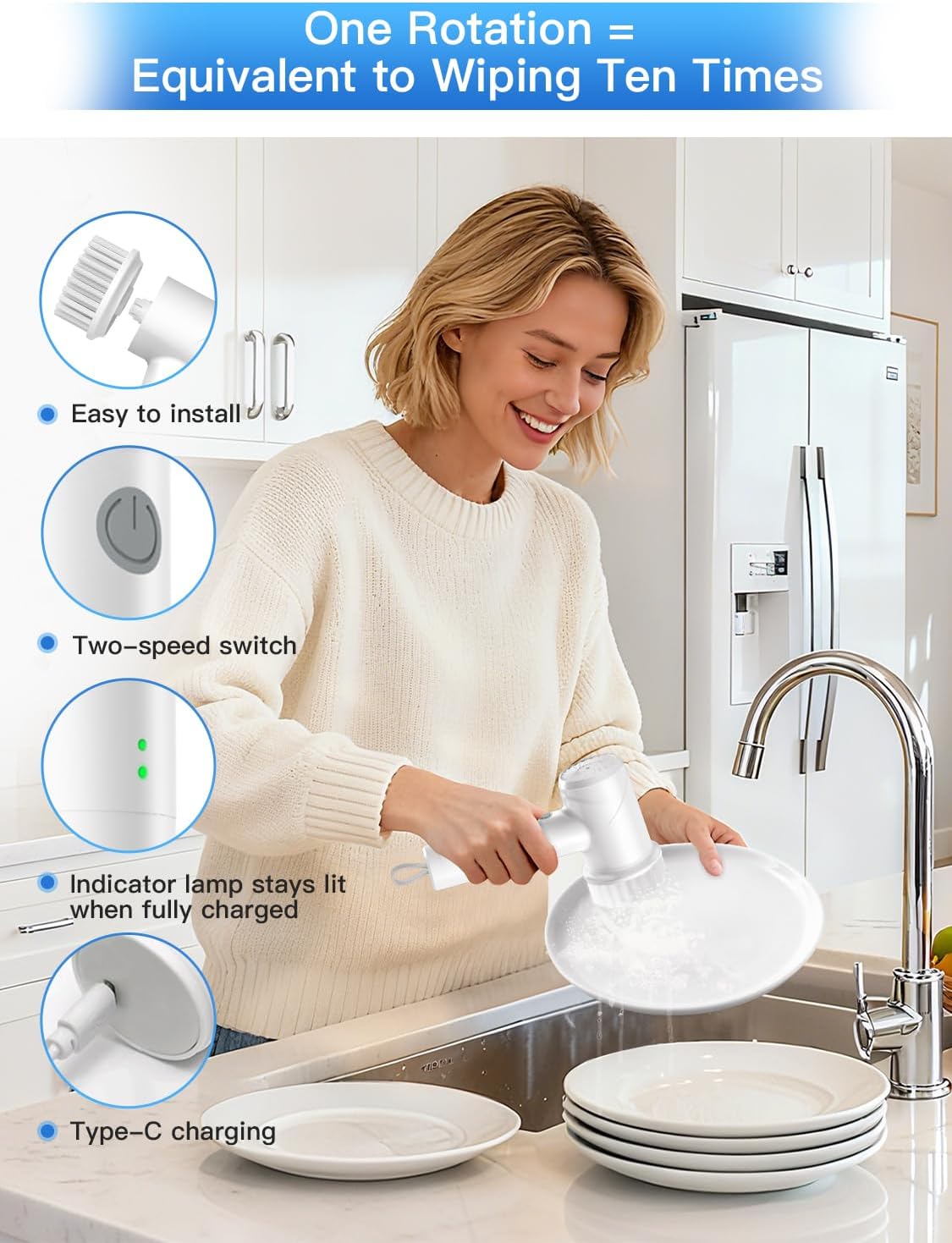 Electric Spin Scrubber - Cordless IPX7 Waterproof Shower Scrubber with 2 Speed Settings and 6 Replaceable Heads,Electric Cleaning Brush for Bathroom,Kitchen and Windows - Image 3