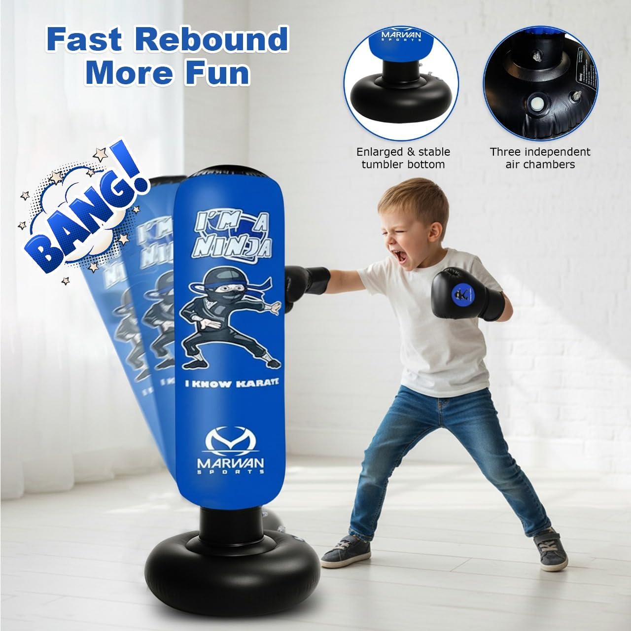 Marwan Sports 5-in-1 Kids Punching Bag Set with Gloves, Pump & Funnel – 63” Inflatable Boxing Bag for Kids 4-12, Durable PVC, Fast Rebound, Waterproof Base Cover with Handles, Gift for Boys & Girls - Image 7