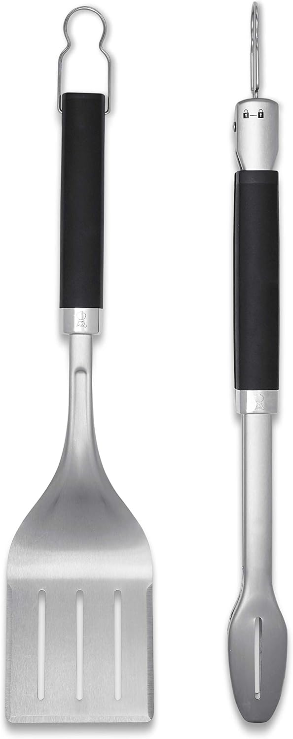 Weber Precision Tongs & Spatula Grilling Tool Set – Stainless Steel BBQ Tools with Hands‑Free Locking Tongs, 3‑Sided Beveled Spatula, Non‑Slip Soft‑Touch Handles - Image 4