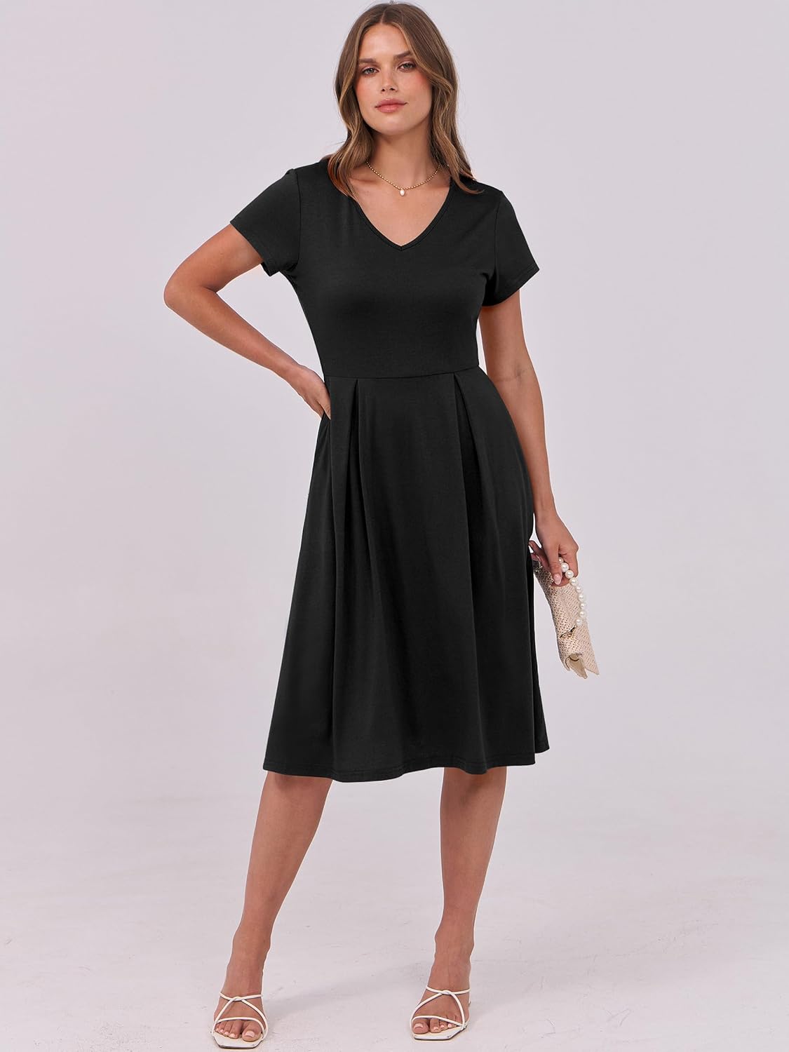 ANRABESS Women Summer Dress Casual Short Sleeve V Neck A-Line Knee Length Pleated Flowy 2026 Fashion Midi Dresses with Pocket - Image 3