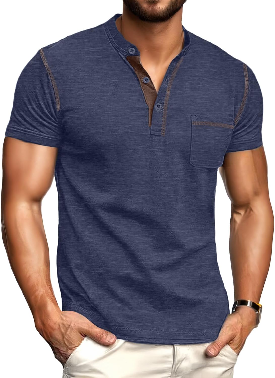 Sailwind Mens Henley Shirts Short Sleeve Summer Casual Classic Cotton T Shirts Pocket Button Shirt - Image 2