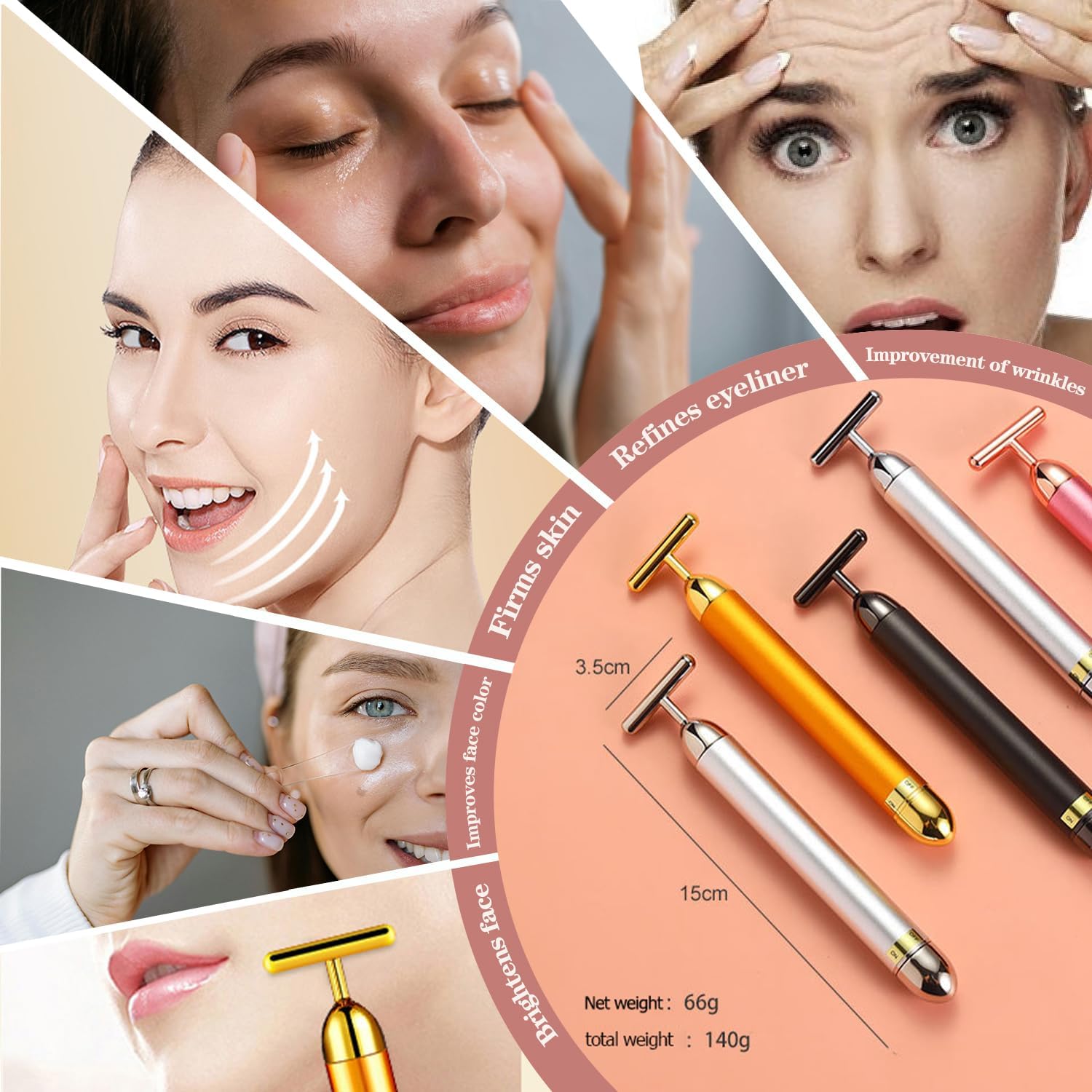 Beauty Bar 24K Gold Facial Massager - Face T Shape Tool for Skin Care Tightening with Ergonomic Design (Pink) - Image 2
