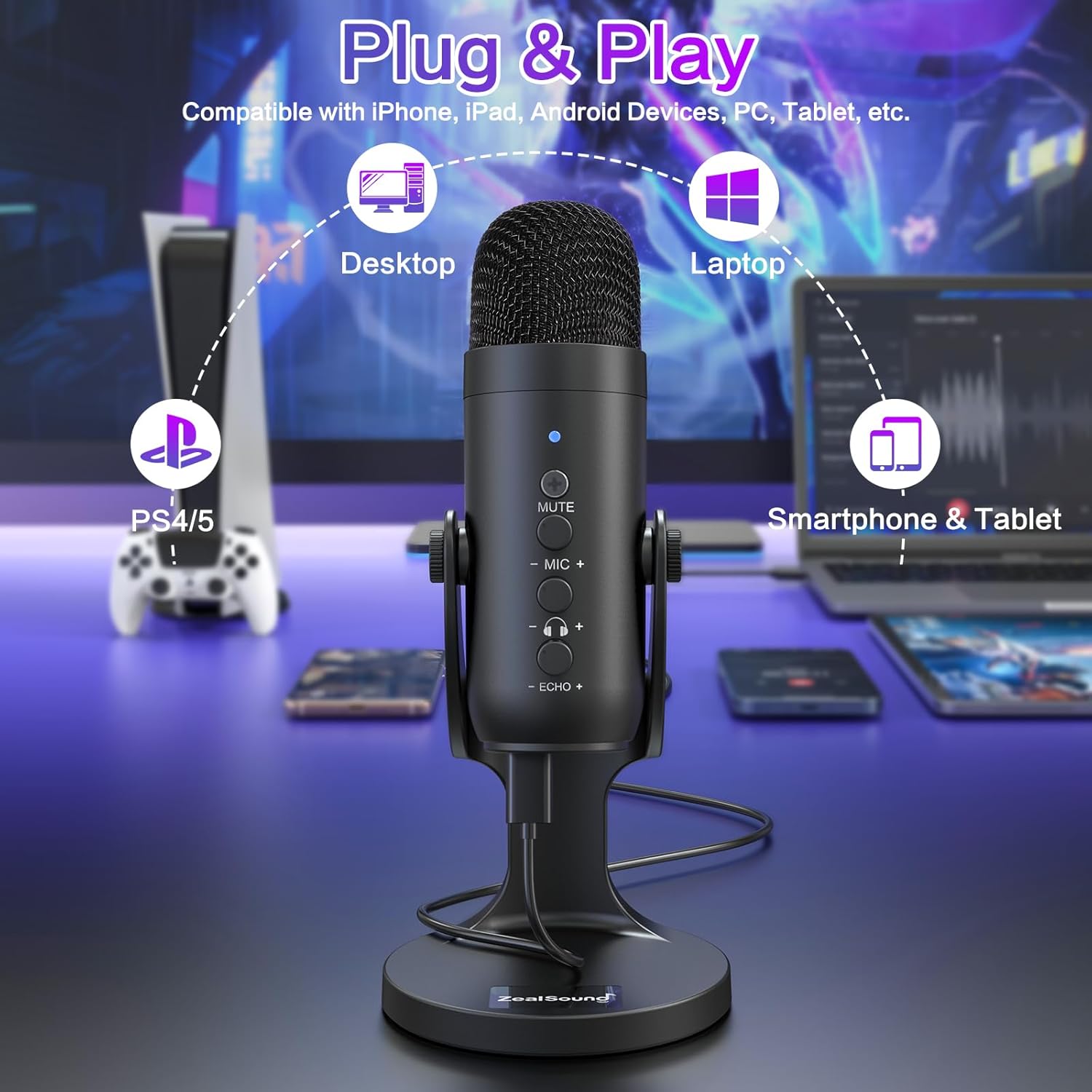 ZealSound Podcast Microphone for PC, Noise Cancellation USB Mic with Gain, Volume Adjustment & Mute Button, Monitoring & Echo, for YouTube, TikTok, Podcasting, Streaming, iPhone, iPad, Android, Mac - Image 2