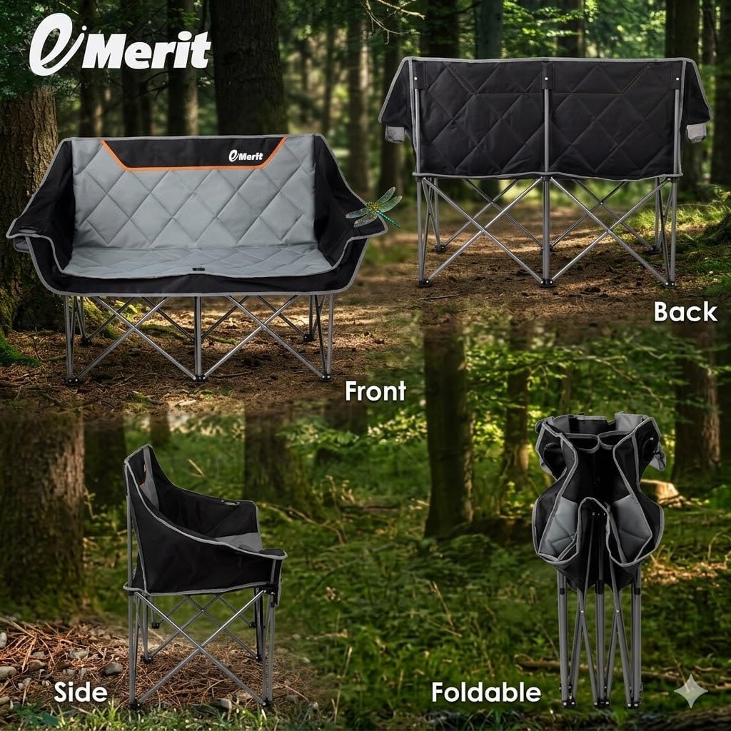 EMERIT Oversized Fully Padded Camping Chair, Heavy Duty 650LB Folding Camping Loveseat, Quad Fold Double Camping Couch with Cup Holders & Carry Bag for Outdoor, Lawn, Sports Events | HIgh Back, Rip resistance, Extra Wide Design, Cross-bracing Hubs, Easy Setup - Image 6