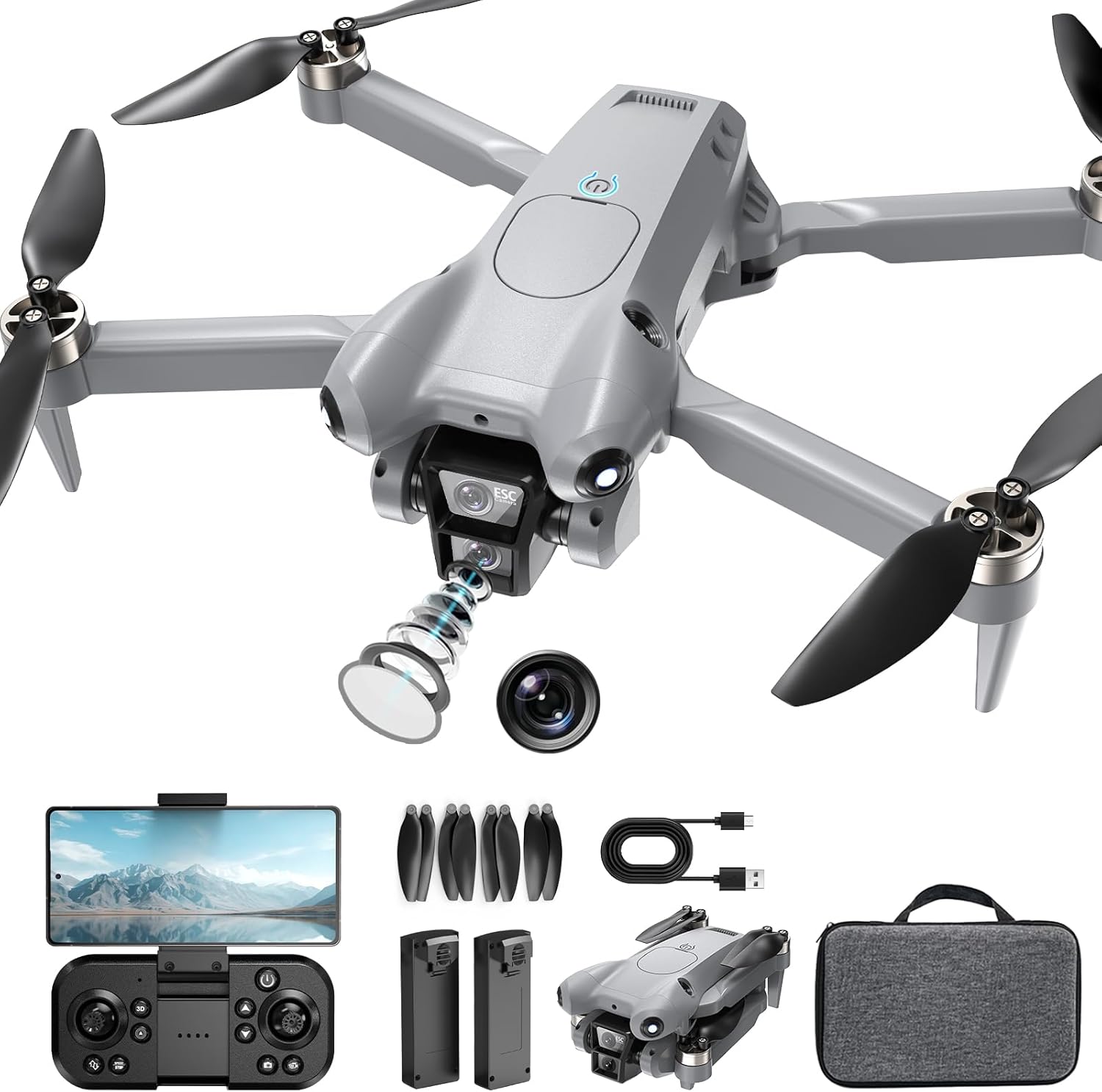 PRO Drone with Camera for Adults 4K,Brushless Motors Drone for Kids Beginners,40mins Flight Time with 2 Batteries,FPV Foldable RC Quadcopter,Toys Gifts for Teen Boys Girls, Beginner(Grey)