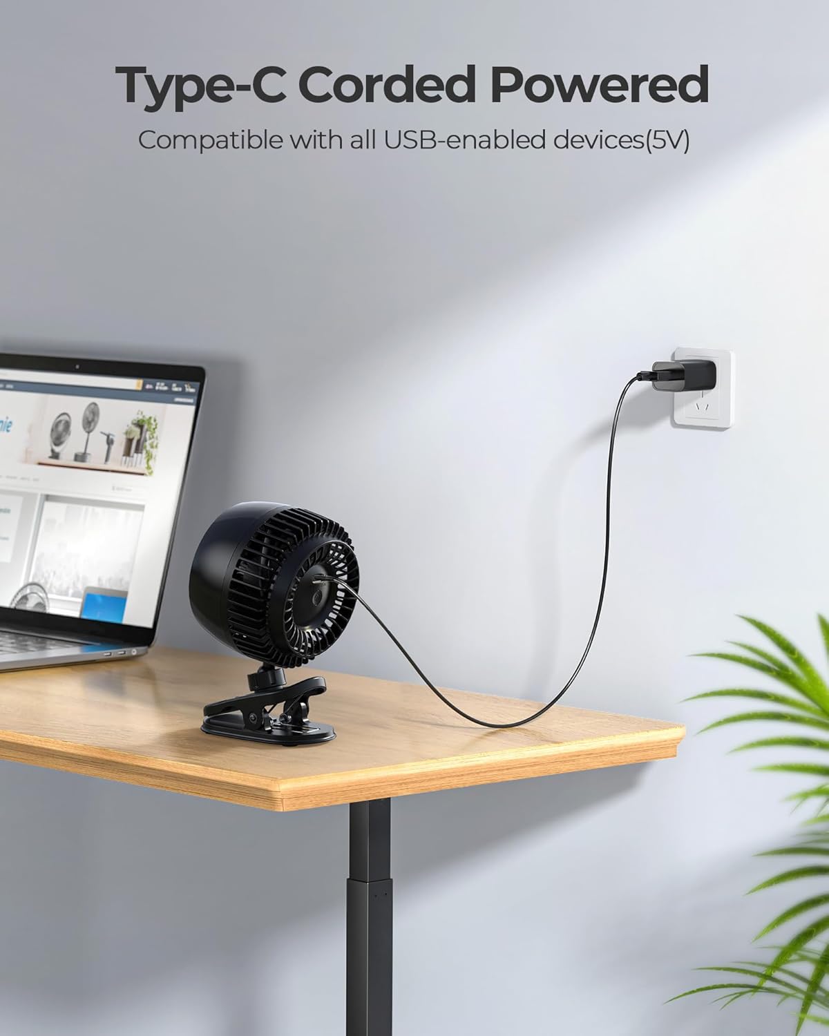 Koonie USB Clip on Fan, Strong Wind Ultra Quiet Small Desk Fan with Strong Clamp, More Than 360° Adjustable, 3 Speeds USB-C Corded Powered, Mini Personal Fan for Home Office Desktop Black - Image 6