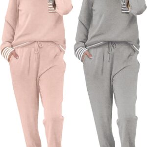 Ekouaer 2 Pack Womens Pajama Sets Long Sleeve Lounge Sets Soft Pj Sleepwear Loungewear