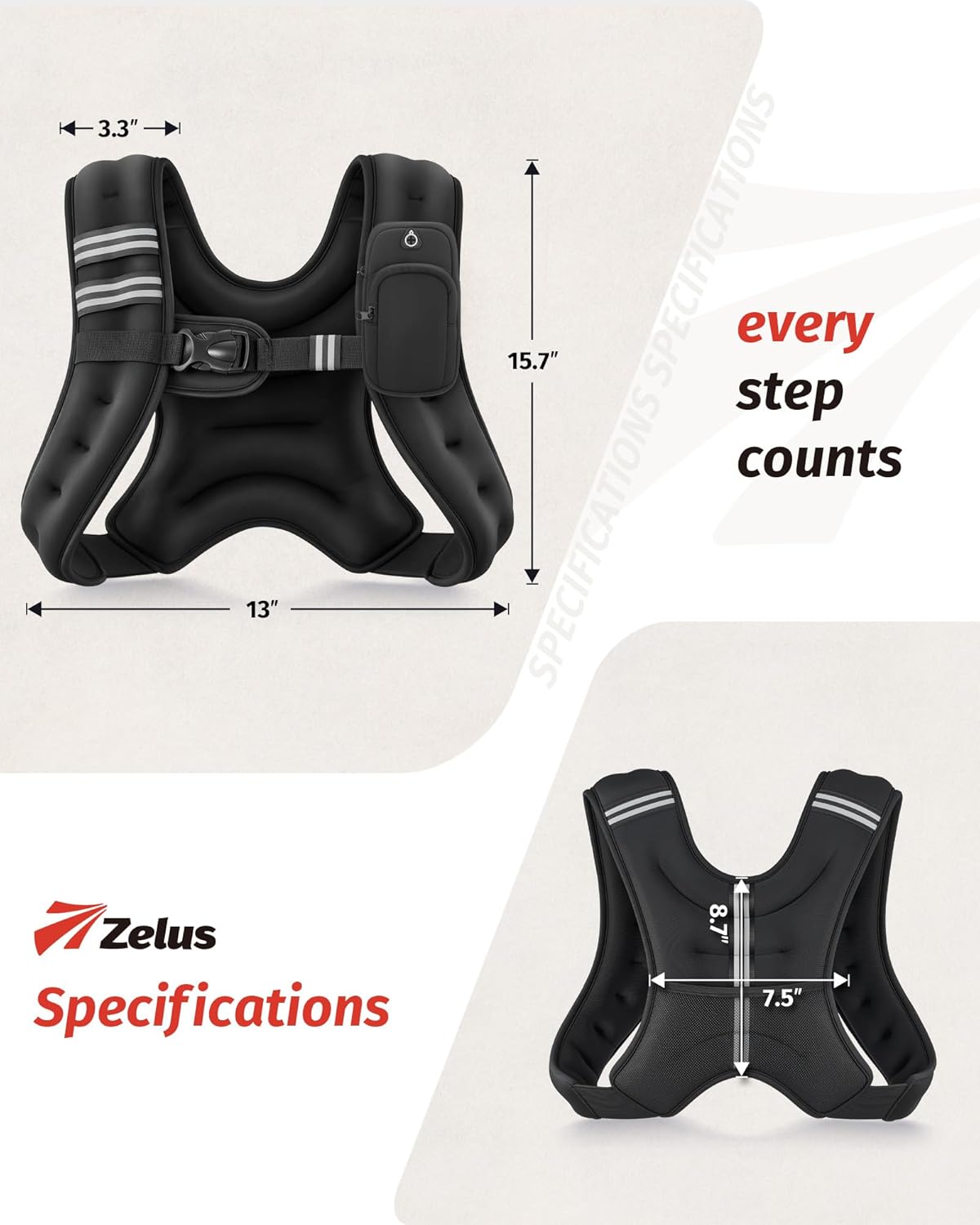 ZELUS Weighted Vest, 6lb/8lb/12lb/16lb/20lb/25lb/30lb Weight Vest with Reflective Stripe for Workout, Strength Training, Running, Fitness, Muscle Building, Weight Loss, Weightlifting - Image 8