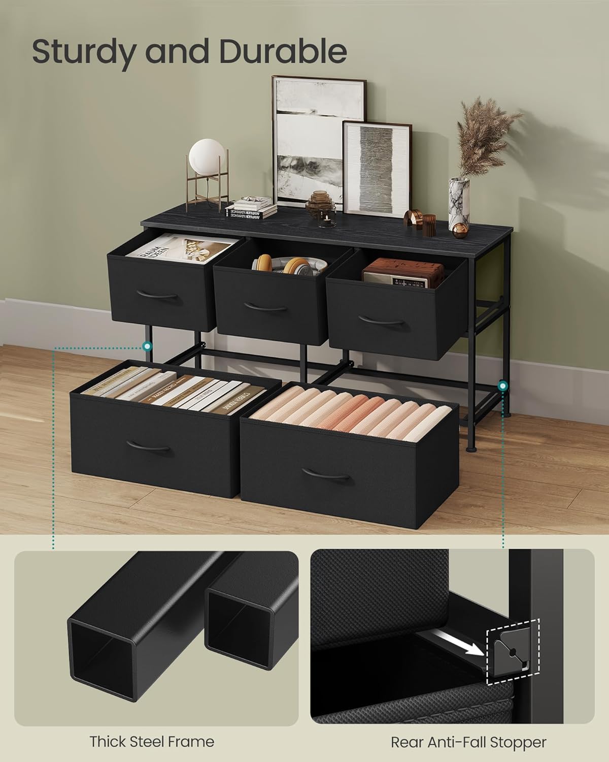 SONGMICS Dresser for Bedroom, Chest of Drawers, Steel, MDF, 5 Non-Woven Fabric Drawers, Storage Organizer Unit, Closet, Entryway, Ink Black and Ebony Black ULGS322B01S - Image 6