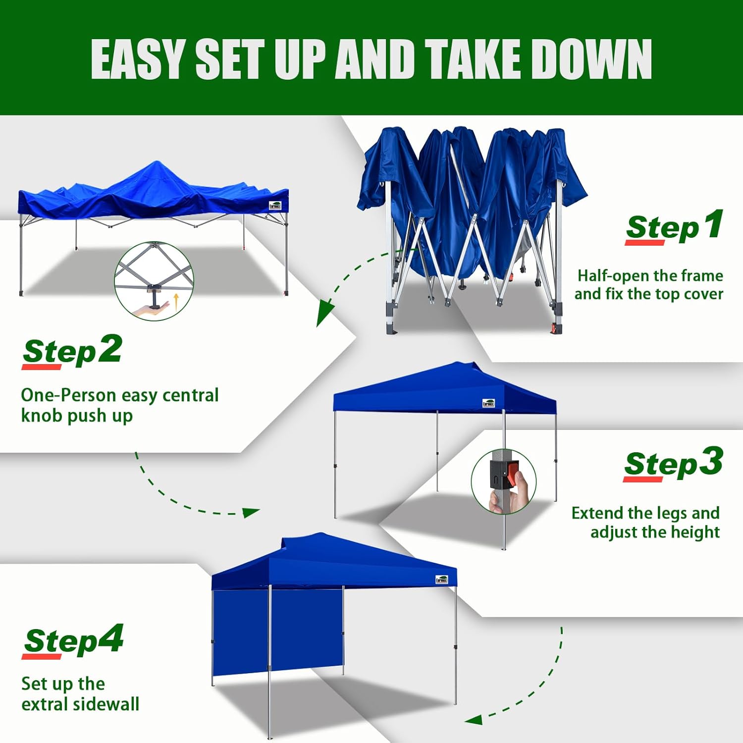 Eurmax USA NOMATTER ONE-Person Open&Close 10x10ft Pop Up Canopy Tent,Portable Shelter Canopy for Outdoor Events with 1 Removable Sidewall,Instant Canopies,Temporary Sunshade,Bonus 4 Sand Bags(Blue) - Image 3