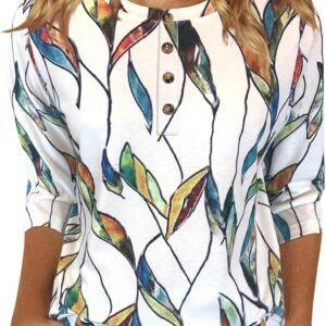 Womens Tops Casual 3/4 Sleeve Shirts Crew Neck Loose Casual Blouses Floral Print Tshirts