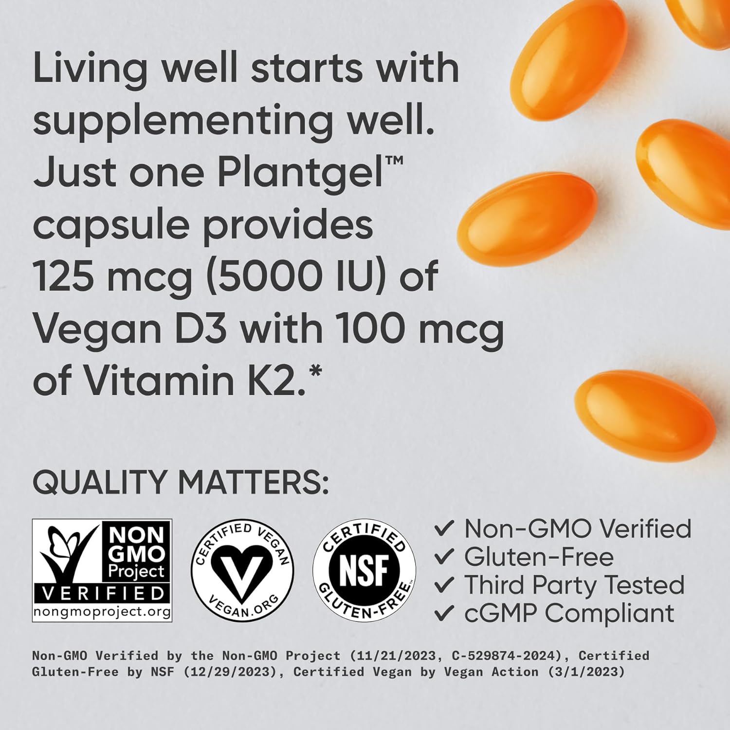 Sports Research® Vitamin D3 + K2 w/ Coconut Oil - Vegan Vitamin D 5000iu & Mk7 Vitamin K 100mcg for Bone & Immune Support - Vegan Certified · Non-GMO · Soy Free - 60 Softgels - Image 4