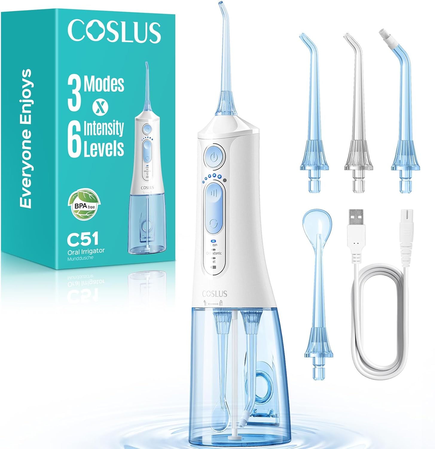COSLUS C51 Portable Water Flosser for Teeth: 3 Modes & 6 Pressure Settings with Jet Mode Water Dental Pick for Orthodontic, Braces, Sensitive Gums, Compact for Travel, 300ML for Multiple Users, White