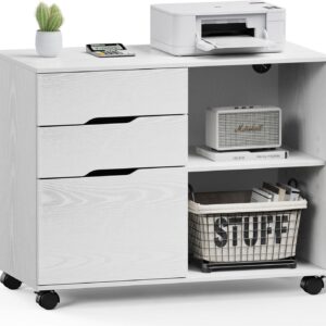 DUMOS Lateral File Cabinet with 3 Drawers Rolling Filing Cabinets Under Desk Storage Printer Stand Wood Organizer with Wheels Adjustable Shelf for Office Home Small Space, White