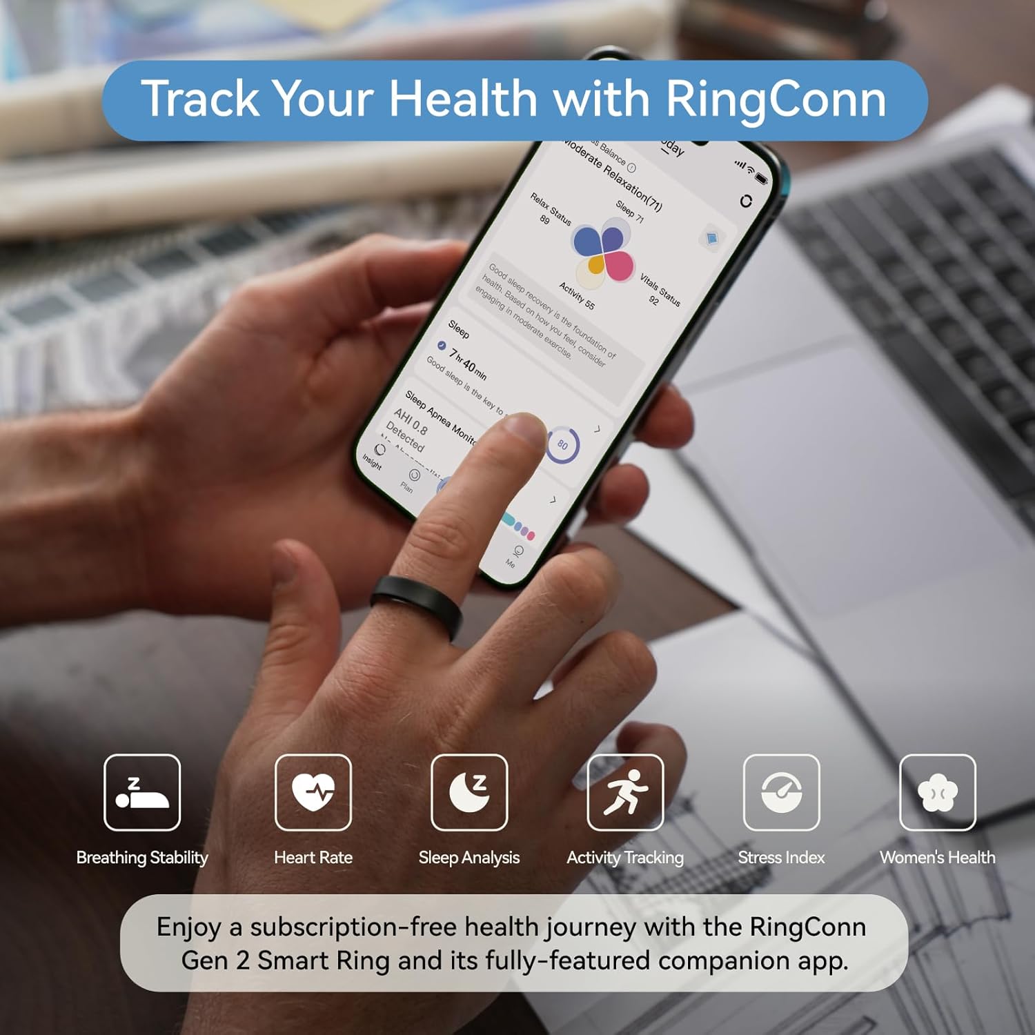 RingConn Gen 2, World’s First Smart Ring with Sleep Apnea Monitoring, No APP Subscription, 12-Day Battery Life, Stress/Heart Rate/Women's Health Tracker, Android & iOS Compatible (Black, Size 10) - Image 3