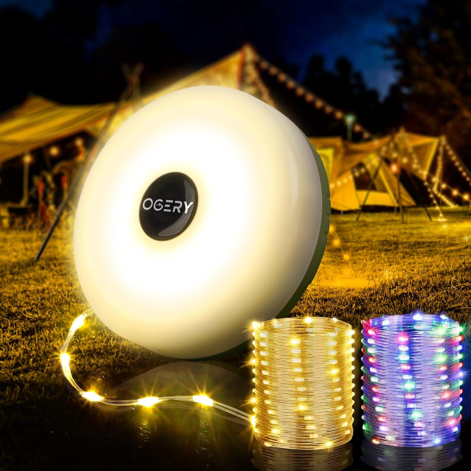 OGERY Camping String Lights, 4 in 1 Quick Storage 32.8FT Rechargeable Tent Lights String with 8 Lighting Modes, Hanging Waterproof Portable LED Lamp for Outdoor Patio Awning Garden Camping Essentials