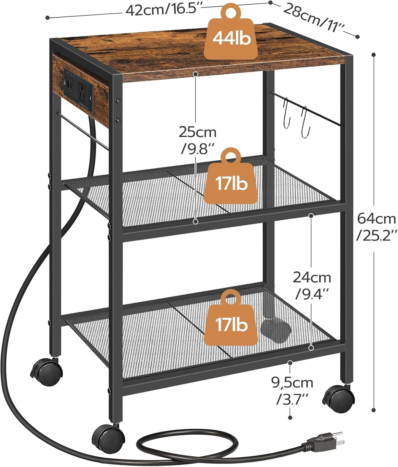 HOOBRO Industrial Printer Stand, 3-Tier Mobile Printer Table, Rolling Cart with Power Outlets and USB Ports, Home Printer Stand with 2 Hooks, for Office, Living Room, Rustic Brown BF22UPS01 - Image 2