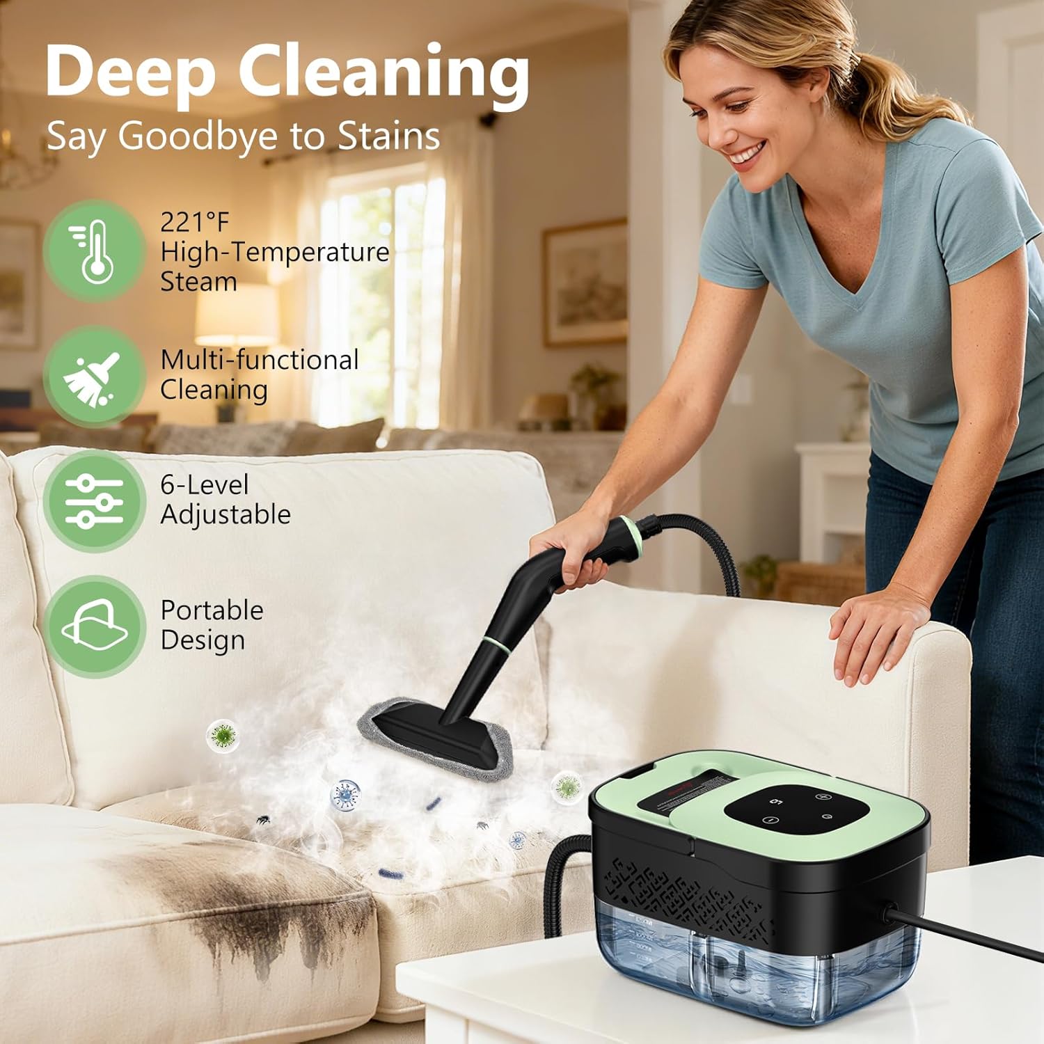 Steam Cleaner, Portable Steamer for Cleaning with 16pcs Accessories, 6-Level Adjustable and 15s Heat-Up, Handheld Steam Cleaner for Home, Tile, Dirt, Grout, Grease, Car Detailing - Image 2