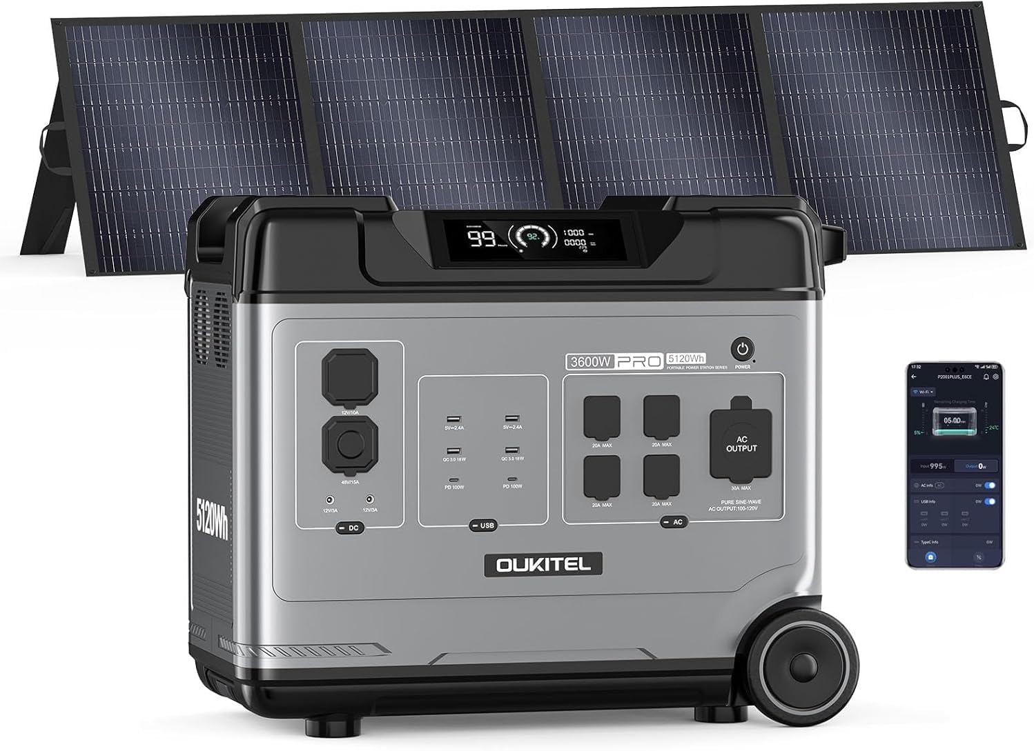 P5000 Pro 5120Wh Portable Power Station with 200W Solar Panel, 3600W Solar Generator with 5 AC Outlets (5000W Surge), 1800W AC Fast Charging, 1000W MPPT for Home, Emergency, RV, Outdoor Camping