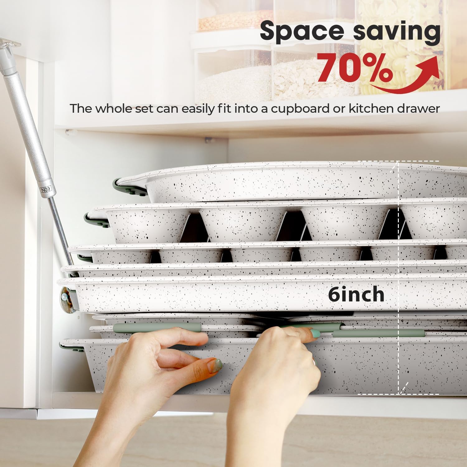 11-Piece Non-Toxic Baking Set, Stackable Nonstick Cookware with Heat-Resistant Handles - Includes Cookie Tray, Round Cake Pan, Muffin Cups, Pizza Pan & Loaf Baker, White&Light Green - Image 4