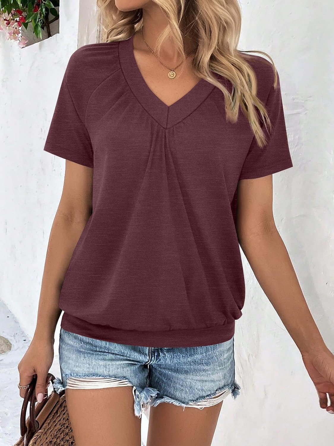 AUTOMET Womens Tops Short Sleeve V Neck T Shirts 2026 Summer Spring Beach Vacation Clothes Casual Loose Ruched Top - Image 2