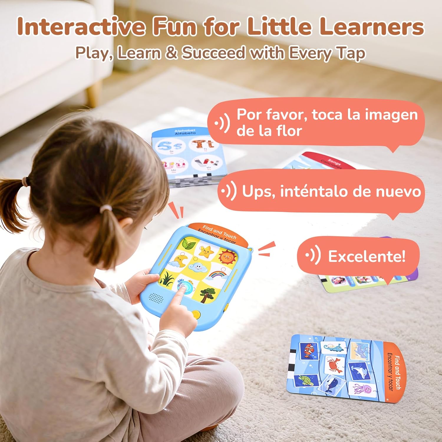 JoyCat Bilingual Kids Learning Tablet, 106 Pages Spanish & English Talking Cards with 20 Interactive Games, Montessori Toy for Alphabet, Words, Numbers, Colors & Songs, Learning Gifts for Toddler 2-6 - Image 5