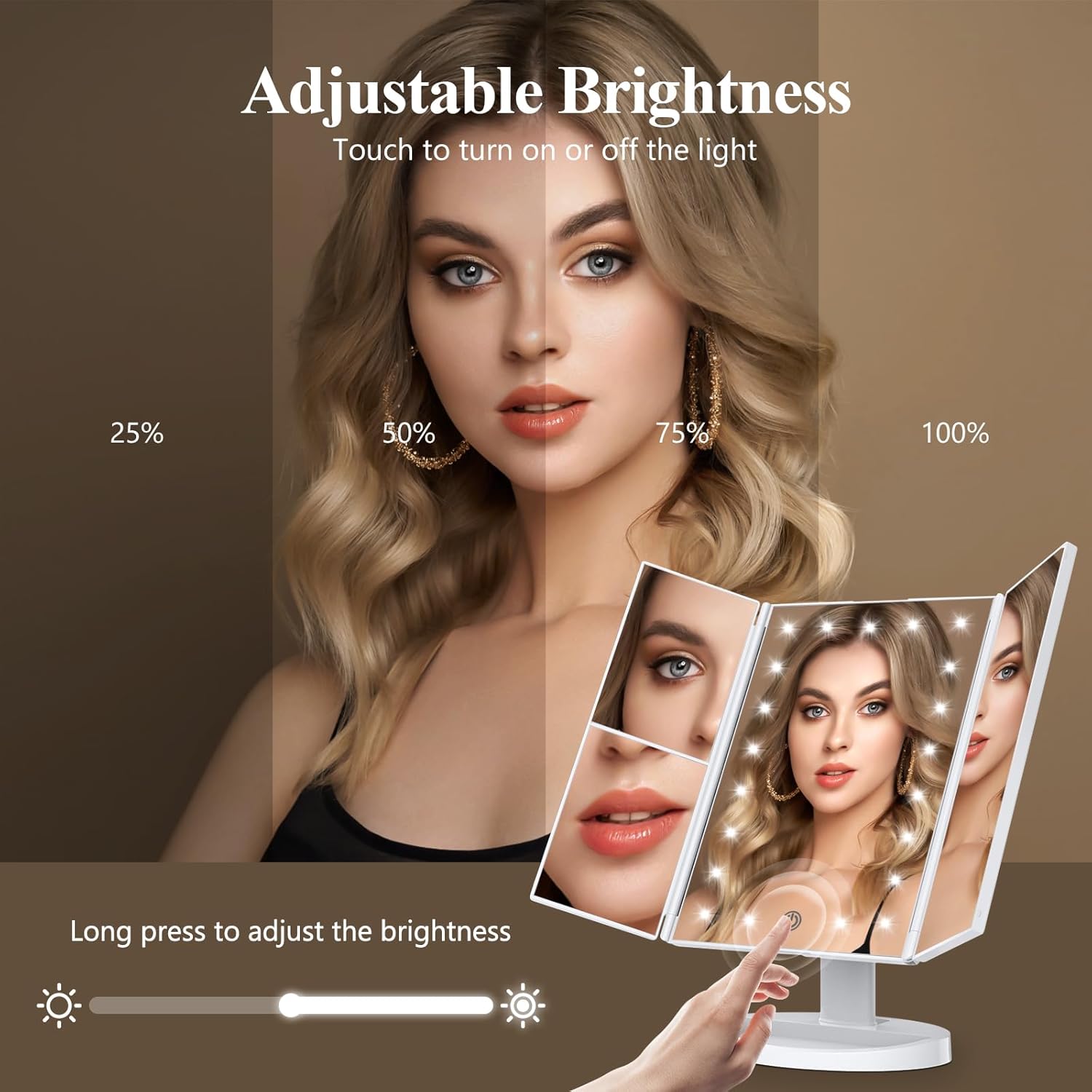 HUONUL Makeup Mirror, Vanity Mirror with Lights, 2X/3X/10X Magnification, Touch Control, Trifold, Dual Power Supply, Mothers Day, Birthday Gifts for Mom,Gifts for Women,Girls, Dorm Room Essentials - Image 3