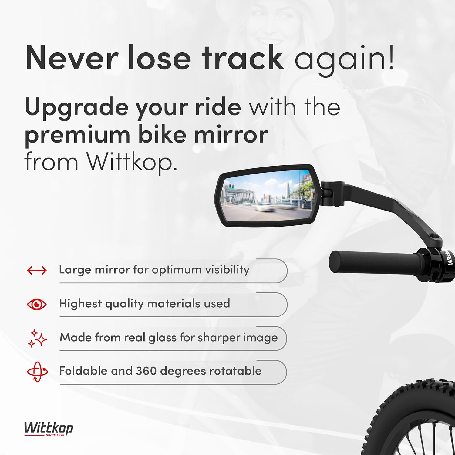 WITTKOP Bike mirror | Large HD field of vision | 360° rotatable & foldable | Mounting above & below | Break-proof & durable | ebike accessories, bike mirror handlebar mount, bicycle mirrors - Image 2