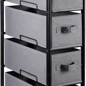 MAX Houser 4 Drawer Narrow Dresser Fabric Storage Tower Vertical Slim Storage Chest Organizer Nightstand Side/End Table Small Standing Organizer Removable Drawers Wood Top for Bedroom, Bathroom（Grey