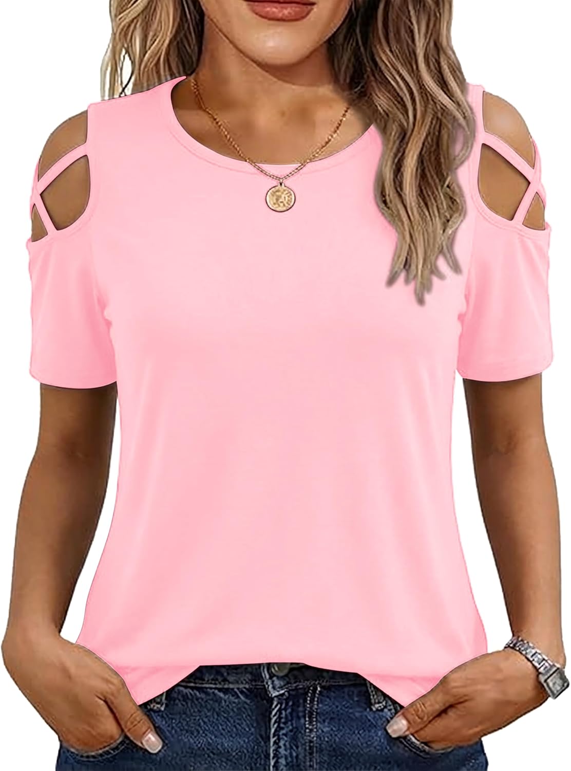 Jar of Love Women's Short Sleeve Cold Shoudler Tops T-Shirts for Women Spring Summer Tops Loose Fit Tunic 2026