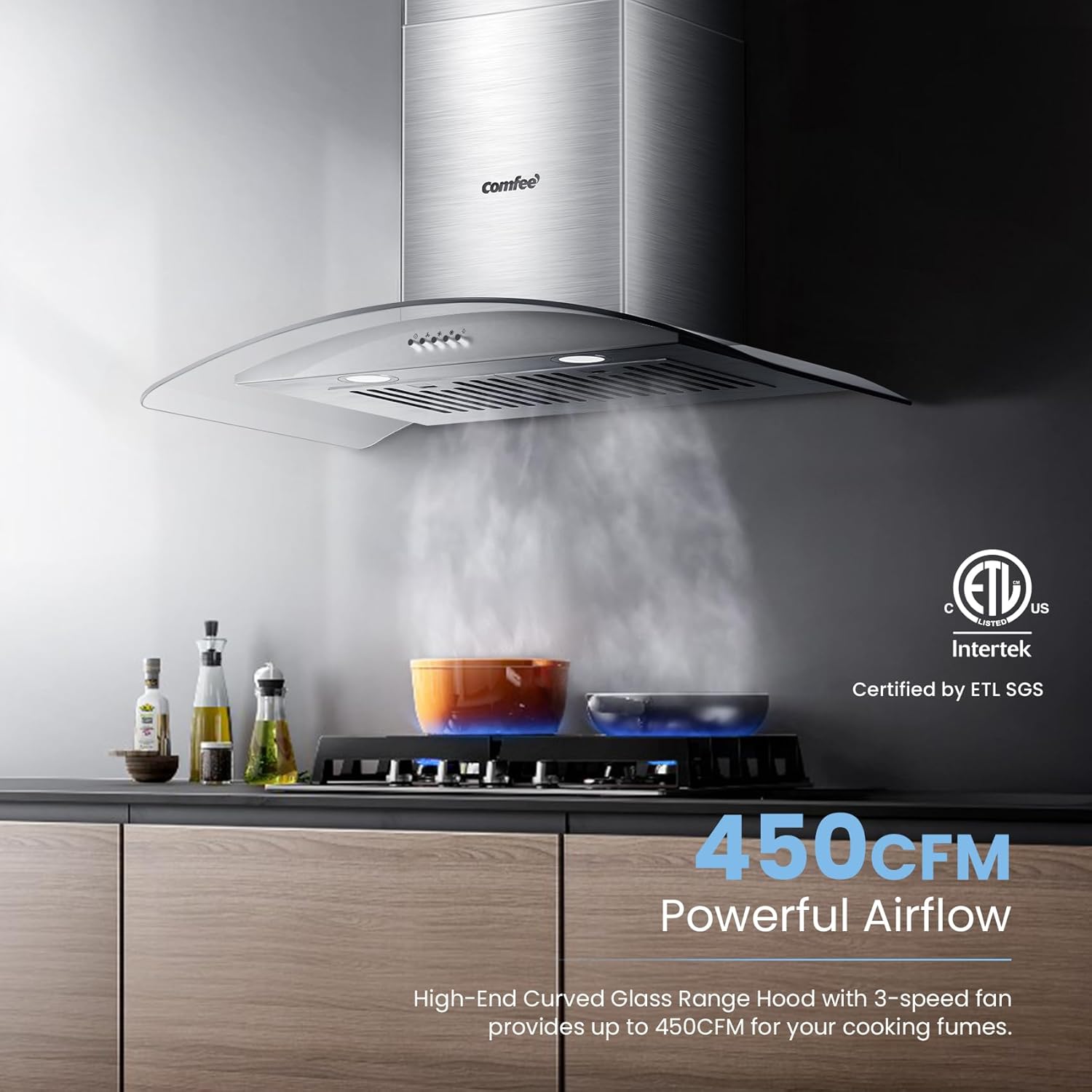 COMFEE' CVG30W8AST 30 Inches Ducted Wall Mount Vent Range Hood with 450 CFM 3 Speed Exhaust Fan, Baffle Filters, Curved Glass, 2 LED Lights, Convertible to Ductless, Stainless Steel - Image 3