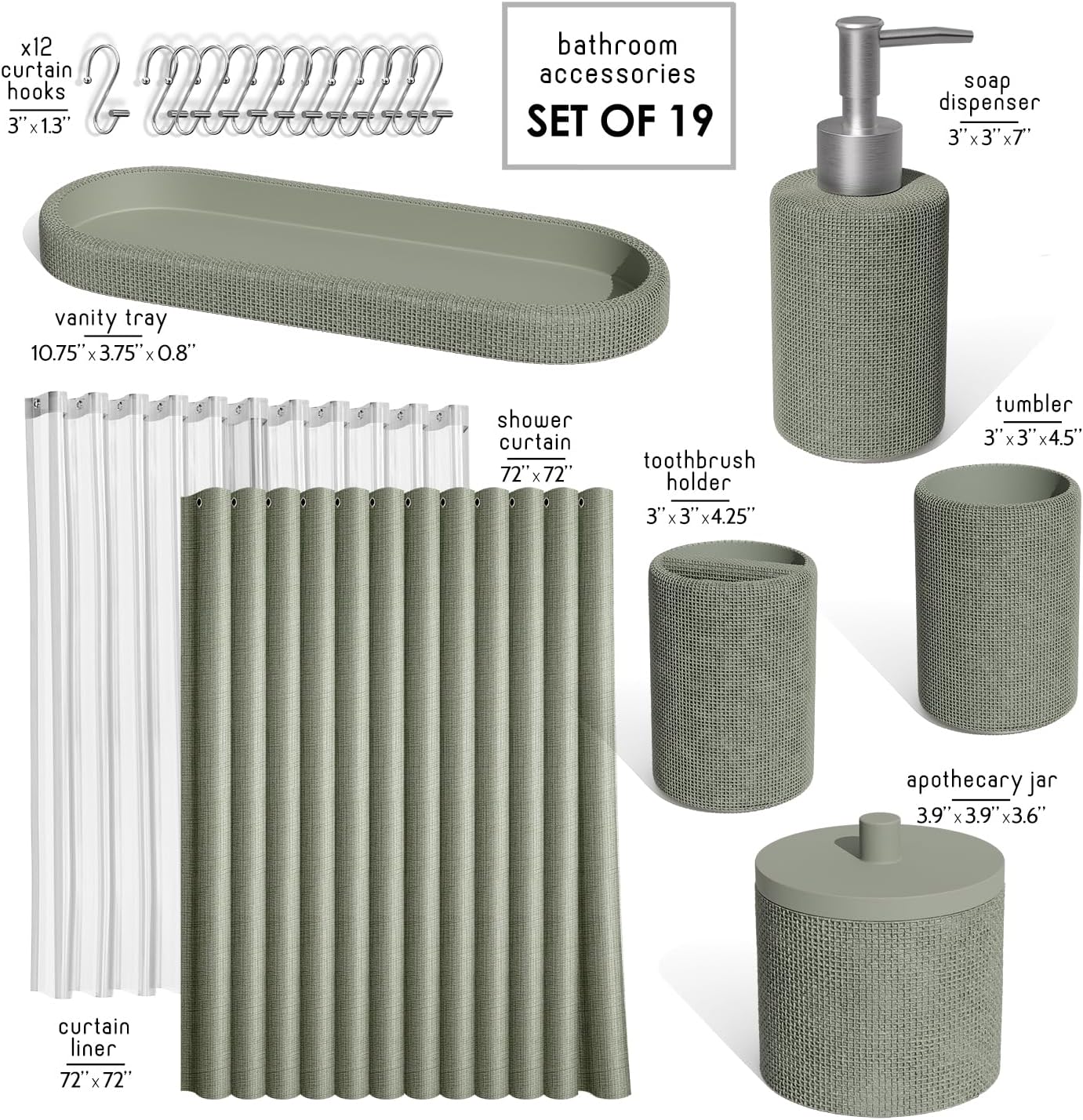Clara Clark Sage Green Bathroom Set - Bathroom Accessories Set, 19PC Bathroom Accessory Set, Bathroom Sets with Shower Curtain Set, Soap Dispenser & Toothbrush Holder - Image 2