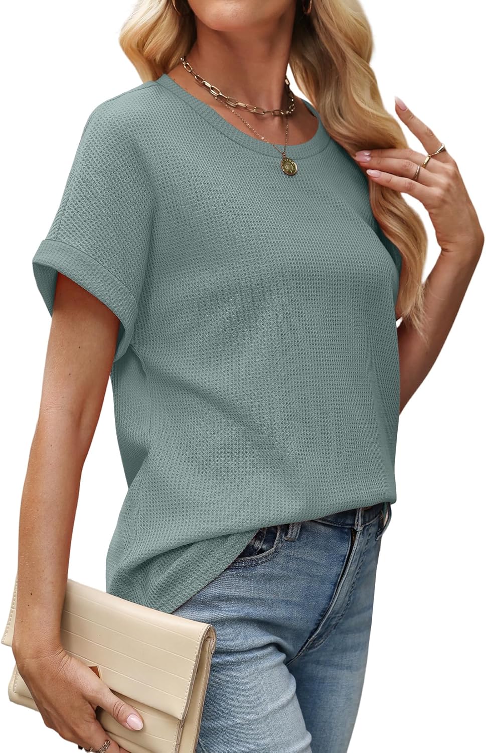 Sampeel Summer Tops for Women 2026 Trendy Rolled Short Sleeve Shirts Waffle Knit Crew Neck Tops Curved Hem Fashion Clothing - Image 3