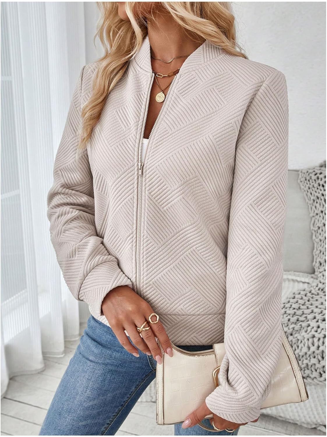 Verdusa Women's Zip Up Bomber Jacket Casual Long Sleeve Textured Lightweight Coat Business Casual Outfits Spring Fall Clothes - Image 3