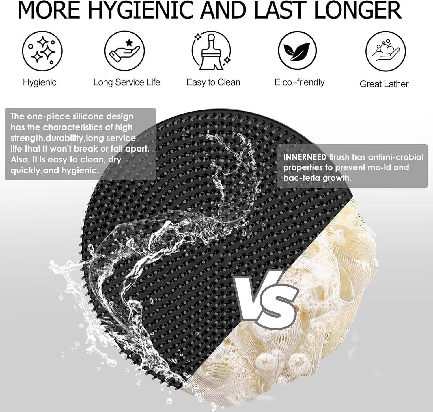 INNERNEED Food-Grade Soft Silicone Body Scrubber Shower Brush Handheld Cleansing Skin Brush, Gentle Exfoliating and Lather Well (Black) - Image 4