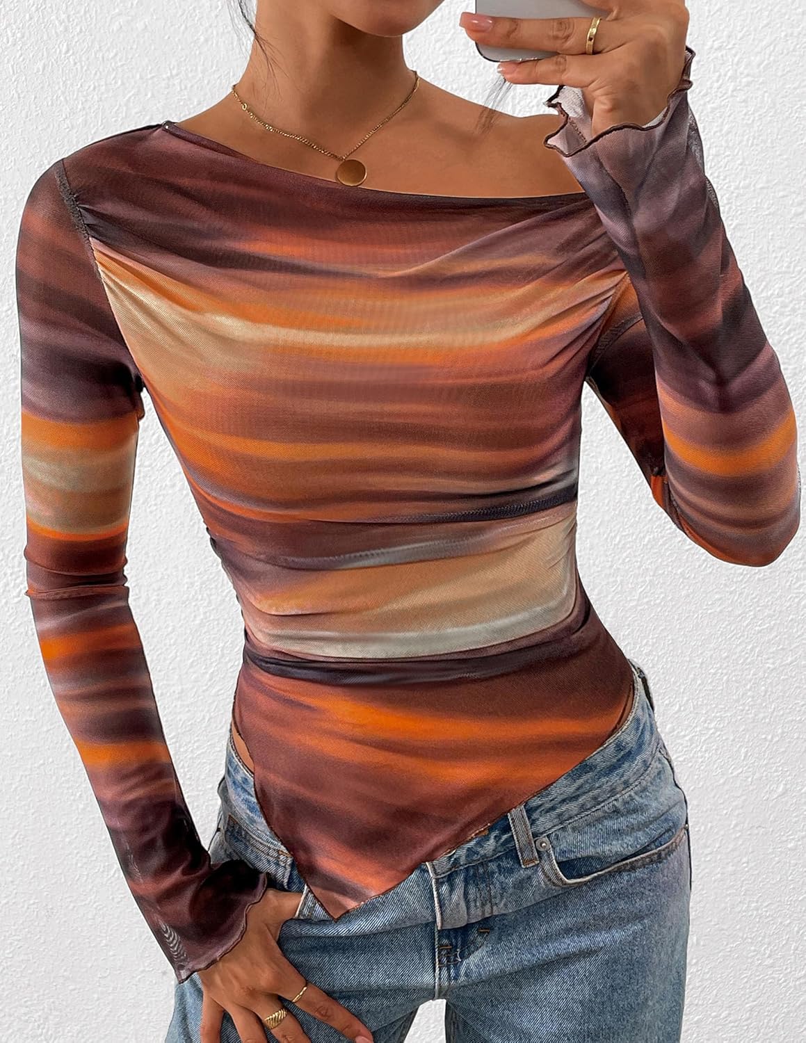 PRETTYGARDEN Womens Fall Trendy Off Shoulder Y2k Tops 2026 Tie Dye Mesh Long Sleeve Shirts Asymmetrical Ruched Floral Blouse - Image 3
